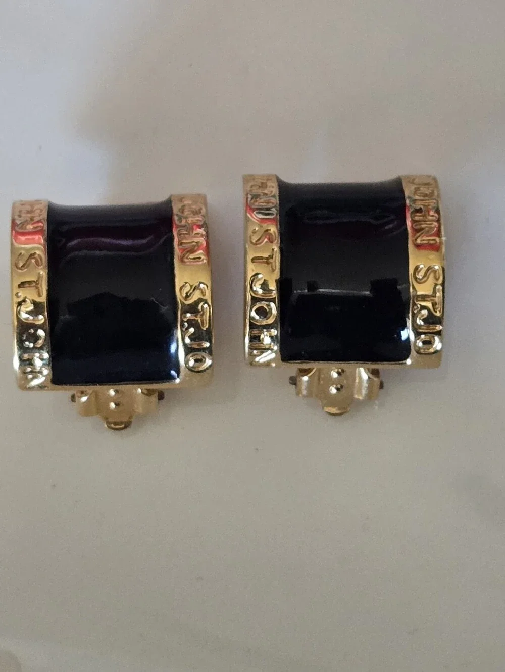 ST JOHN Gold-Tone Black Enamel Clip-On Earrings